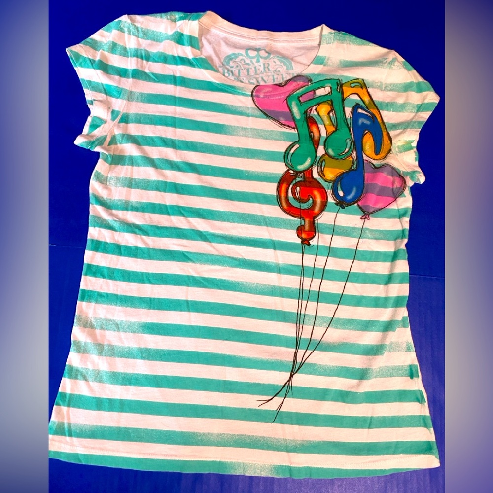 Bitter Sweet Casualty of Luxury Y2K Green/Cream Striped Tee Colorful Music Notes
